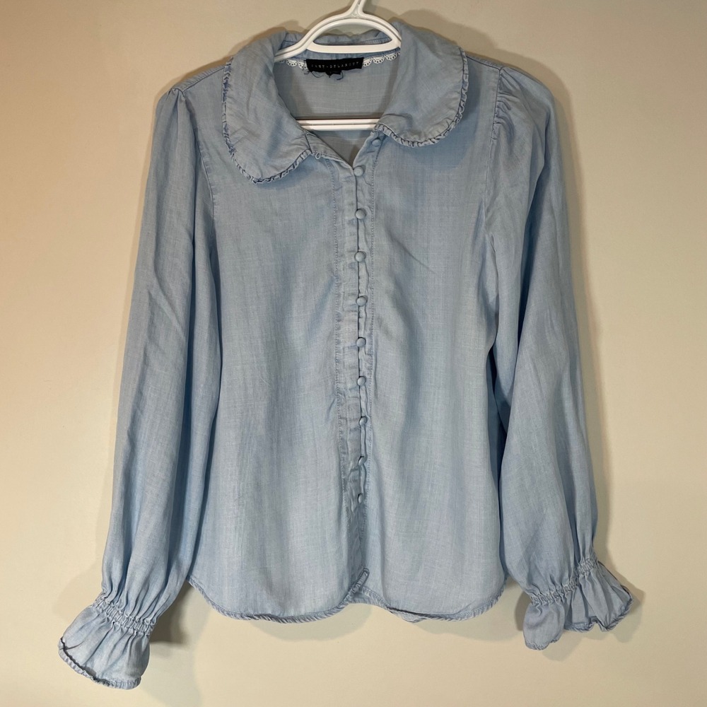 Jane & Delancey Light Blue Lyocell Ruffle‎ Peter Pan Collar Blouse S Cottagecore